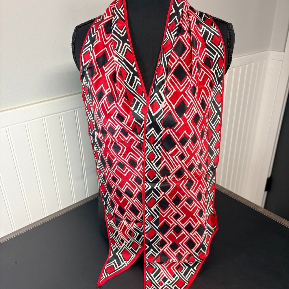 Vera Vintage Silk Scarf Red Black White Geometric Diamond Print Long Rectangle